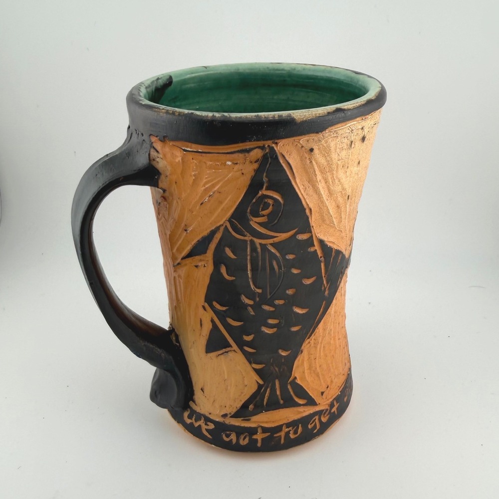 Handmade Art Studio Pottery Mug 5.5in Black‎ Orange Fish Sgraffito